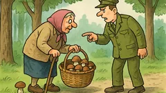 Anegdota: Staruszka zbiera grzyby w lesie...