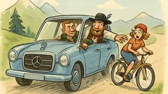 Dowcip: Jedzie turysta przez góry Mercedesem...